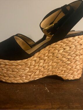 Sam Edelman Espadrille Wedge Sandals Black Raffia Platform Size 6 Summer Staple